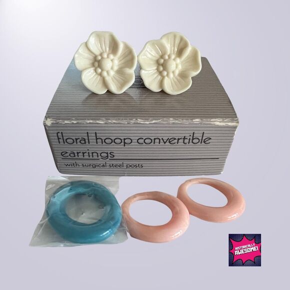 Vintage 80s Floral Hoop Convertible Earrings - Avon 1988 - NIB - RARE FIND - Picture 2 of 4